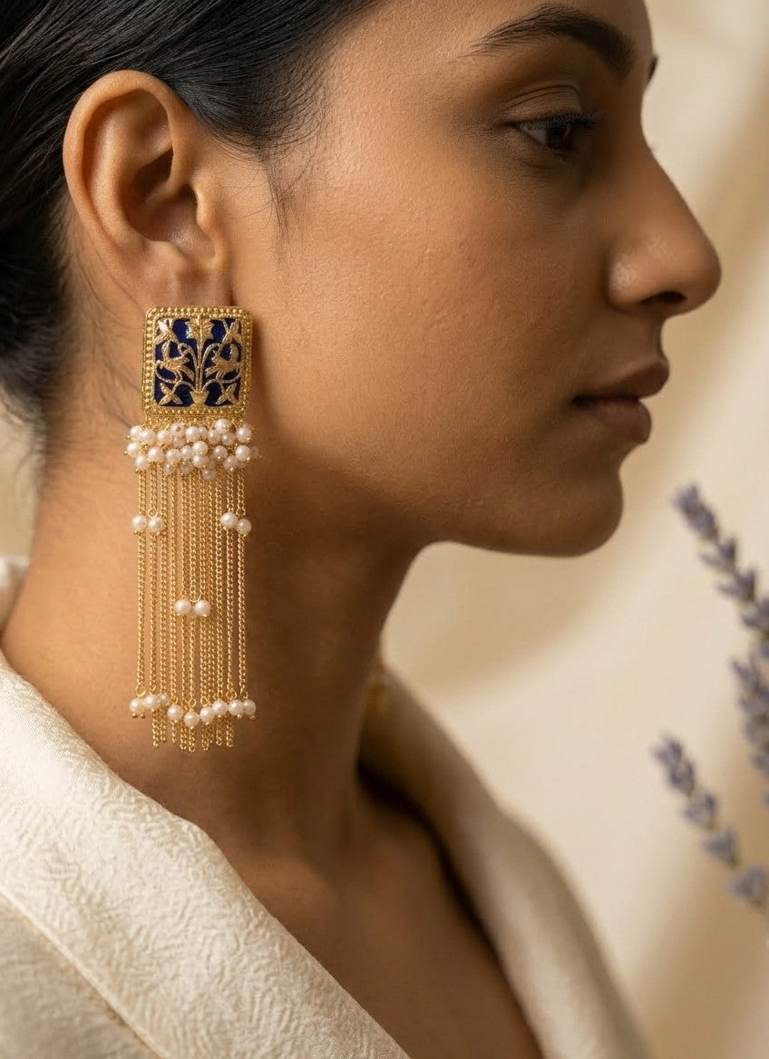 Jalparee Meenakari Floral & Pearl Tassel Drop Earrings - Gold Plated, Royal Blue & White