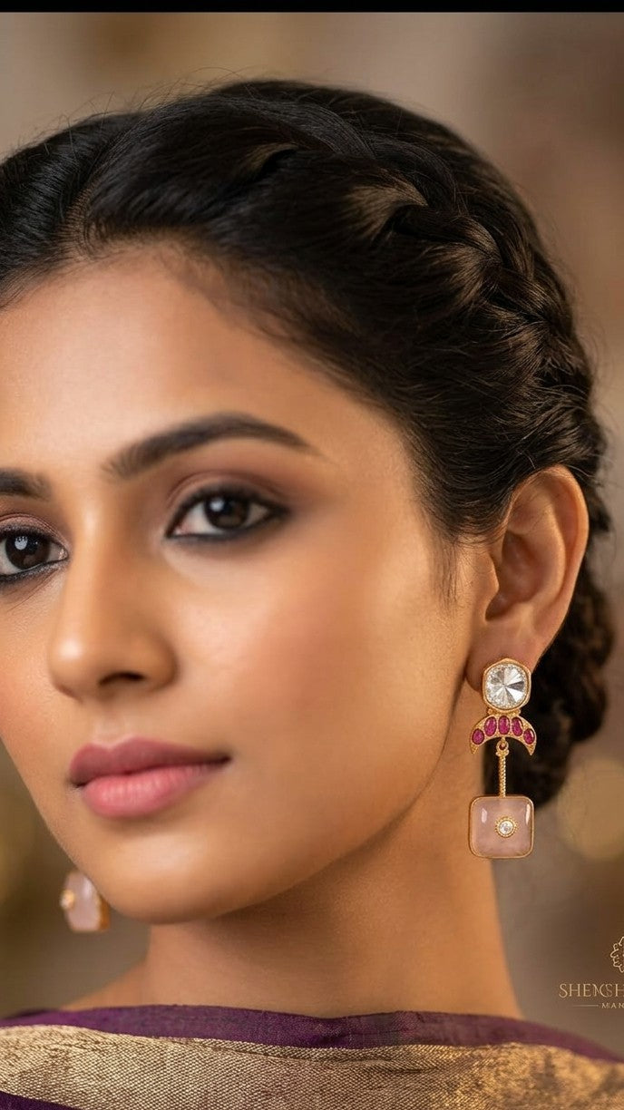 Regal Crescent Pink Stone Dangle Earrings by Jalparee