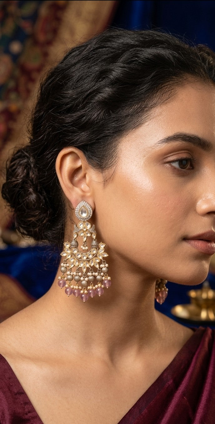 Jalparee Exquisite Kundan, Seed Pearl, and Mauve-Pink Bead Chandbali Jhumka Earrings