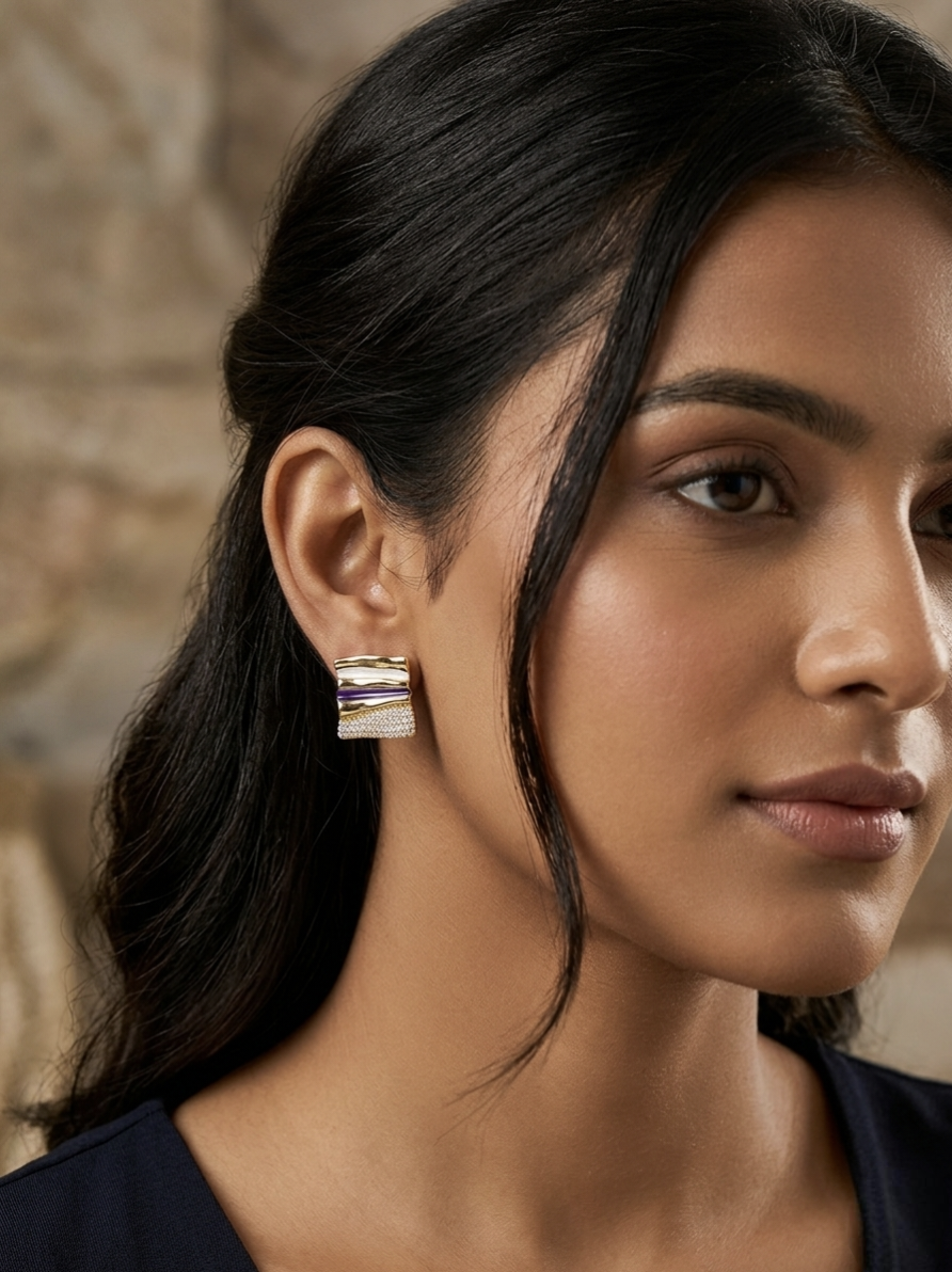 Jalparee Contemporary Geometric Gold-Plated Stud Earrings with Purple & White Enamel and American Diamond Accents