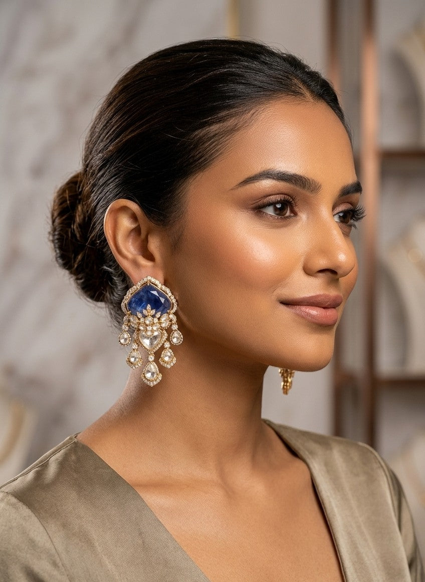 The Neelima Heritage Jhumka – Royal Blue Sapphire & Polki Drop Earrings
