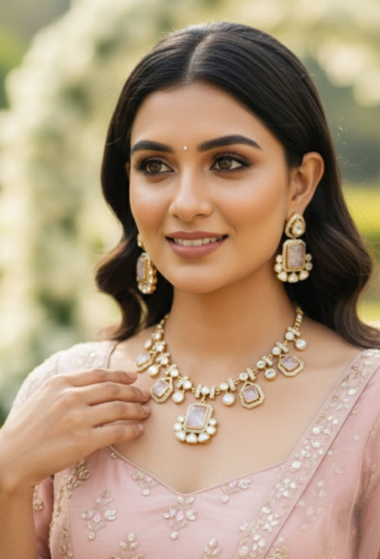 Regal Pink Stone & Gold-Toned Necklace Set