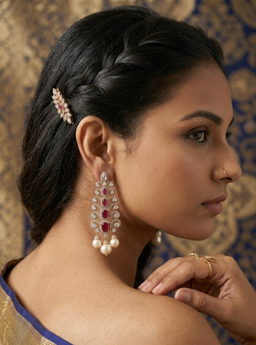 Jalparee Handcrafted Traditional Gemstone Dangle Earrings with South Sea Pearls
