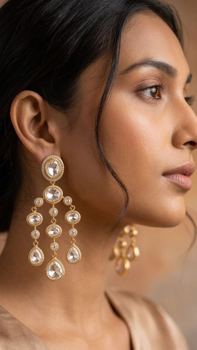 Jalparee Kundan Dangle Chandelier Earrings - Polki Style Drops with Pave Accent and Openwork