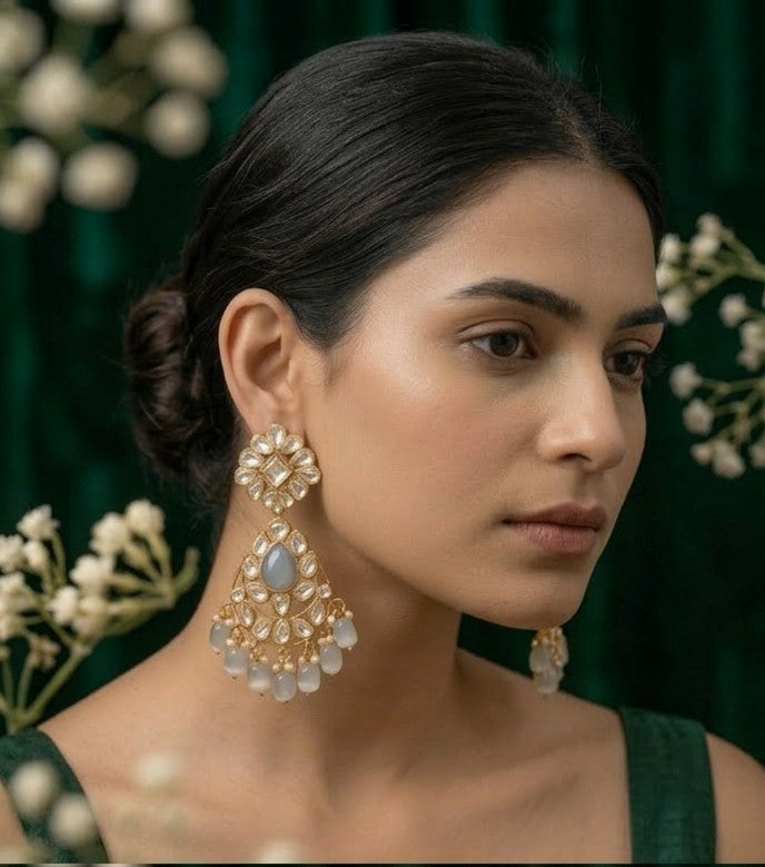 Jalparee Heritage Kundan & Milky Grey Cat's-Eye Agate Statement Drop Earrings