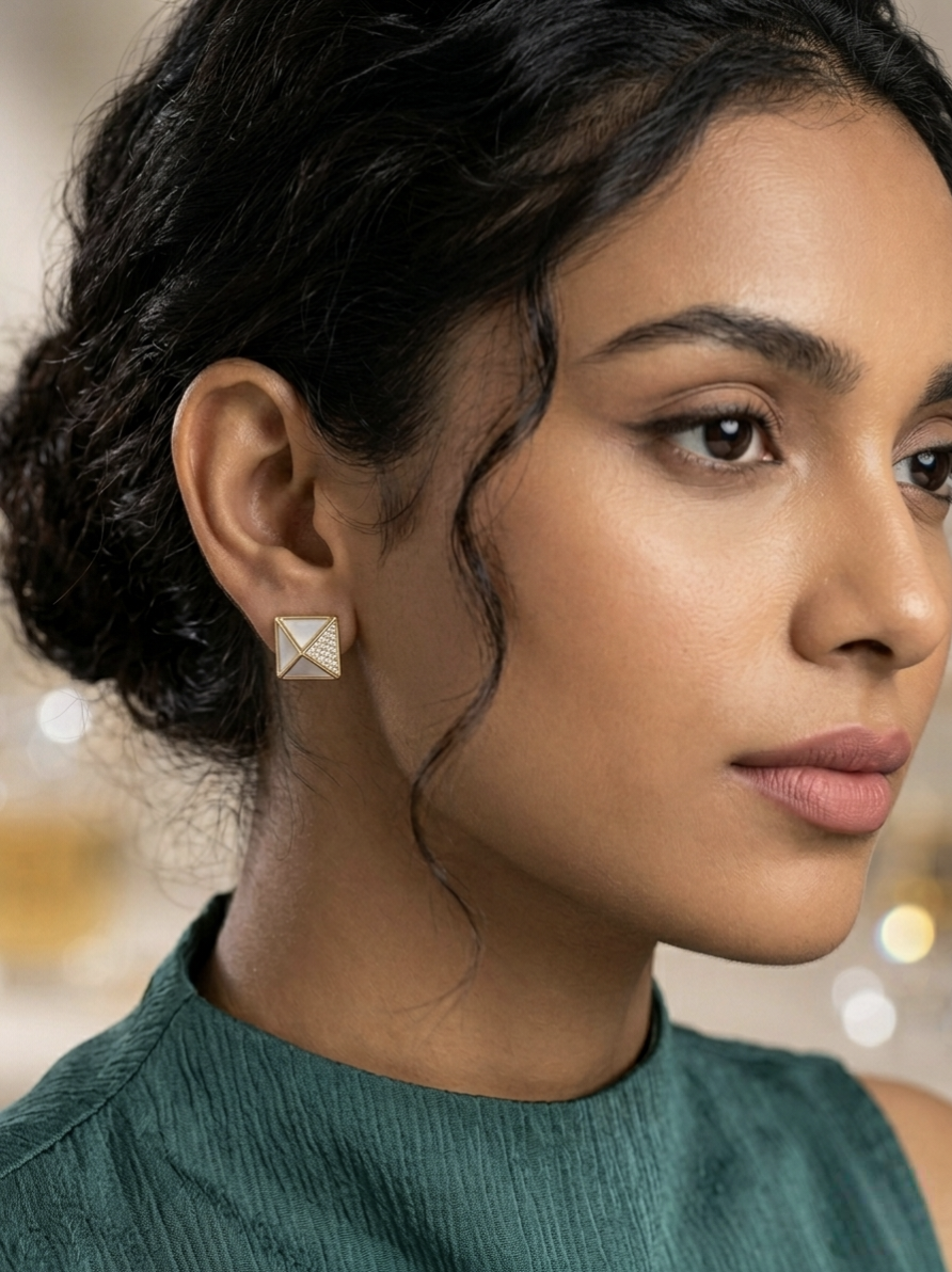 Jalparee Geometric 3D Pyramid Stud Earrings with Mother of Pearl & American Diamonds