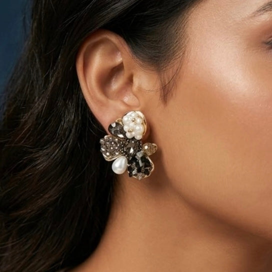 Jalparee Elegant Floral Cluster Stud Earrings with Pearls and Smoked Crystals