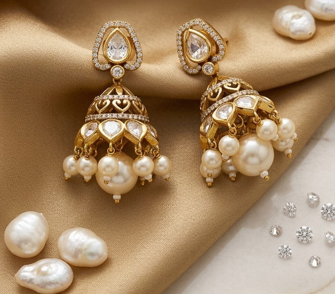 Jalparee Handcrafted 22K Gold-Plated Jhumka Earrings with Kundan-Style Details and Pearl Clusters