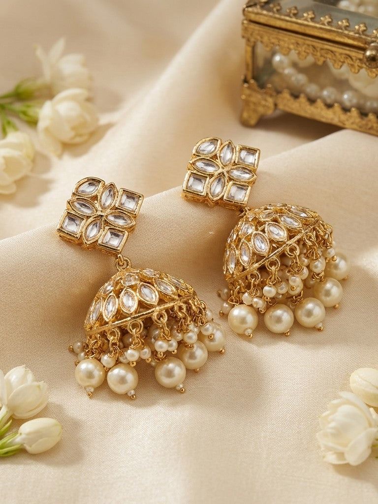 Jalparee Exquisite Kundan and Pearl Embellished Gold-Toned Traditional Jhumka Chandbali Earrings