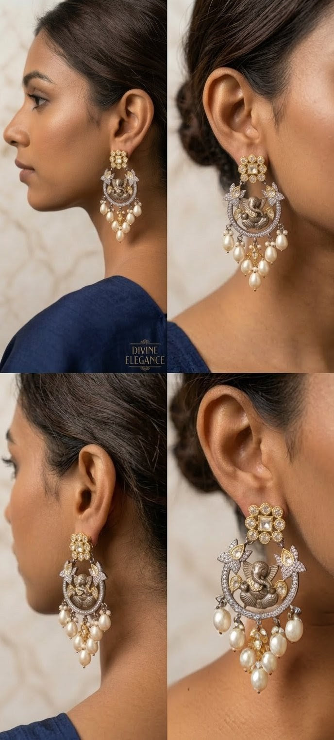 Jalparee Divine Ganesha Kundan & Pearl Traditional Chandelier Earrings