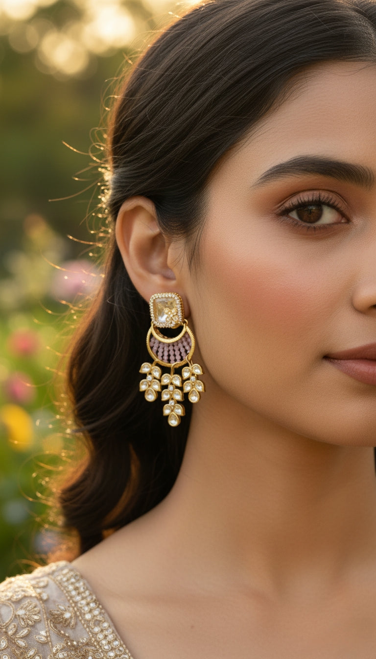 Elegant Kundan & Pink Beaded Drop Earrings