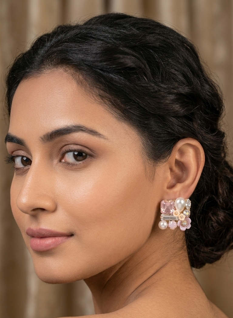Blossom & Crystal Square Stud Earrings – Pastel Elegance