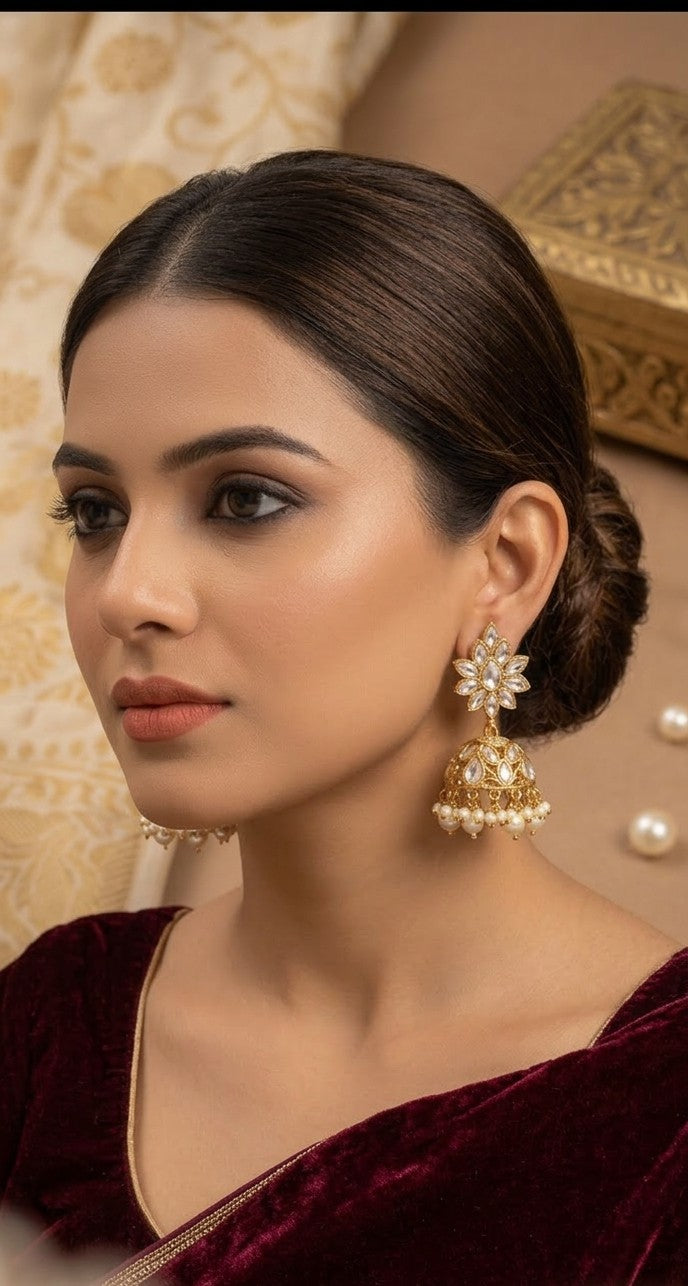 Jalparee Kundan & Pearl Heritage Floral Jhumka Earrings