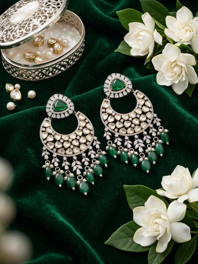 Jalparee Heritage Emerald & Polki Chandbali Chandelier Earrings