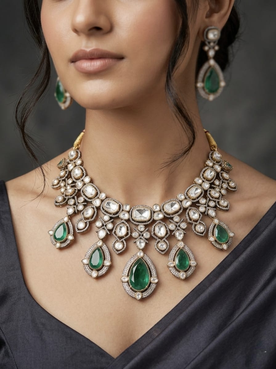 Exquisite Victorian-Inspired Emerald & Polki Diamond Statement Necklace Set