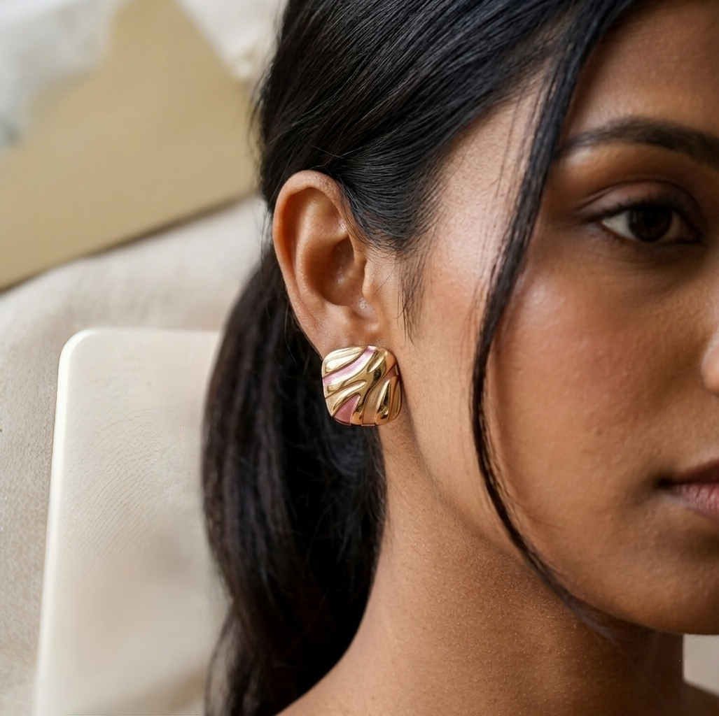 Jalparee Aura Pastel Pink & Gold Grooved Square Studs