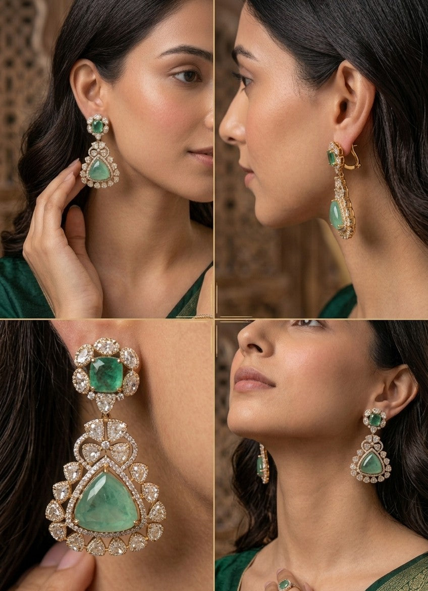 Majestic Jalparee Kundan Emerald Pendant Earrings for Traditional Royalty