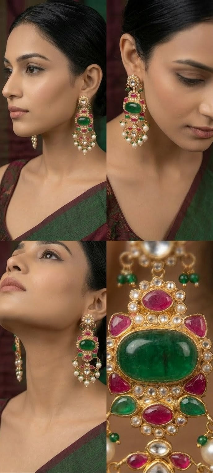 Jalparee 'Emerald & Ruby Regal Kundan-Style Chandelier Earrings with Cascading Pearls'