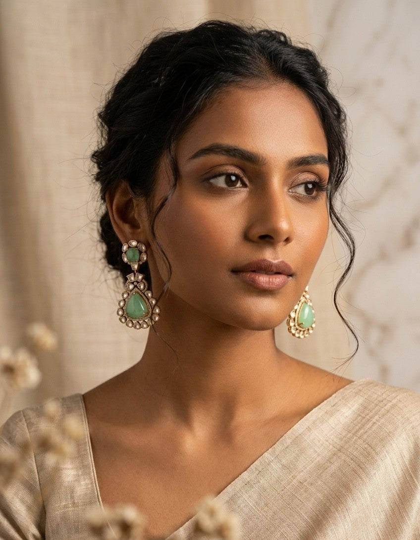 Jalparee Kundan Polki & Mint Green Stone Dangler Earrings