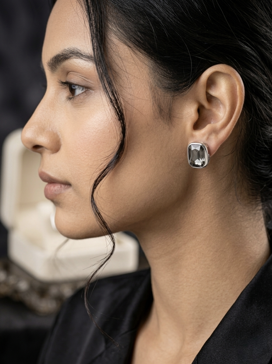 Jalparee Elegant Smokey Grey Emerald-Cut Crystal Stud Earrings – Contemporary Western Ear Tops