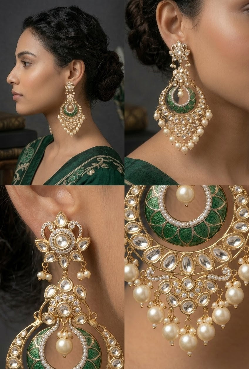 Jalparee Kundan and Pearl Chandbali Earrings with Emerald Meenakari Work