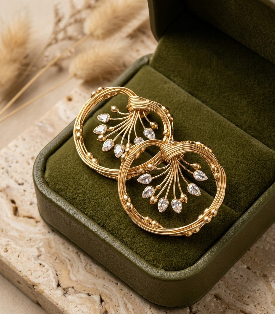 Jalparee Traditional Intricate Interlocking Gold-Toned Hoop Earrings with Shimmering CZ Cluster