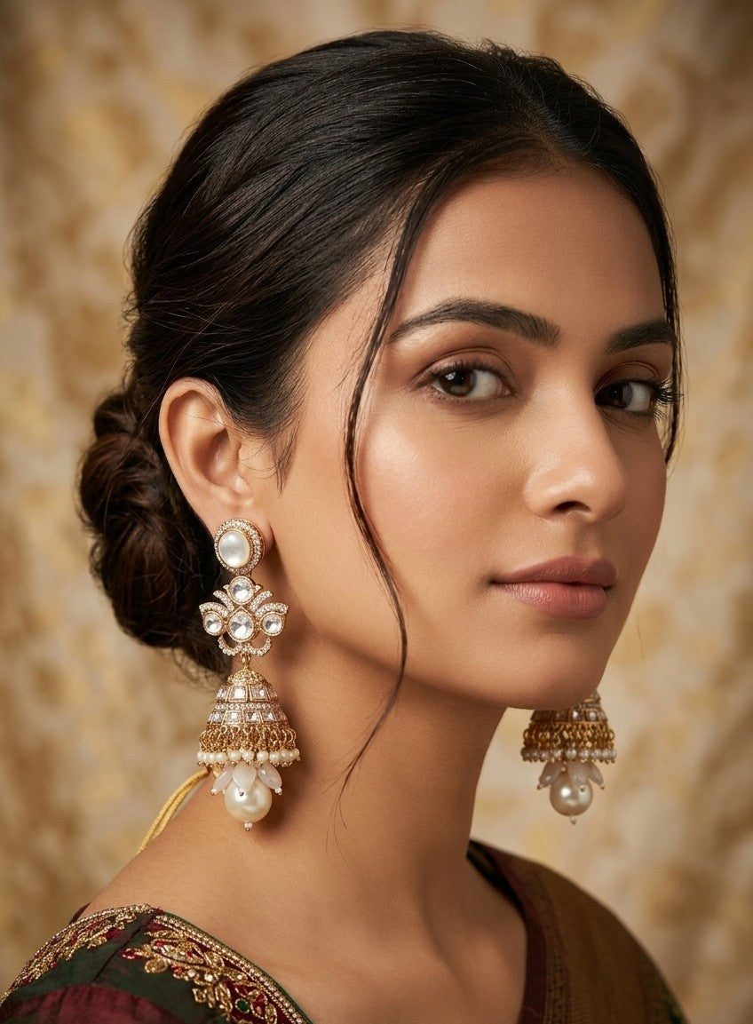 Jalparee Kundan Polki & Pearl Drop Jhumka Earrings