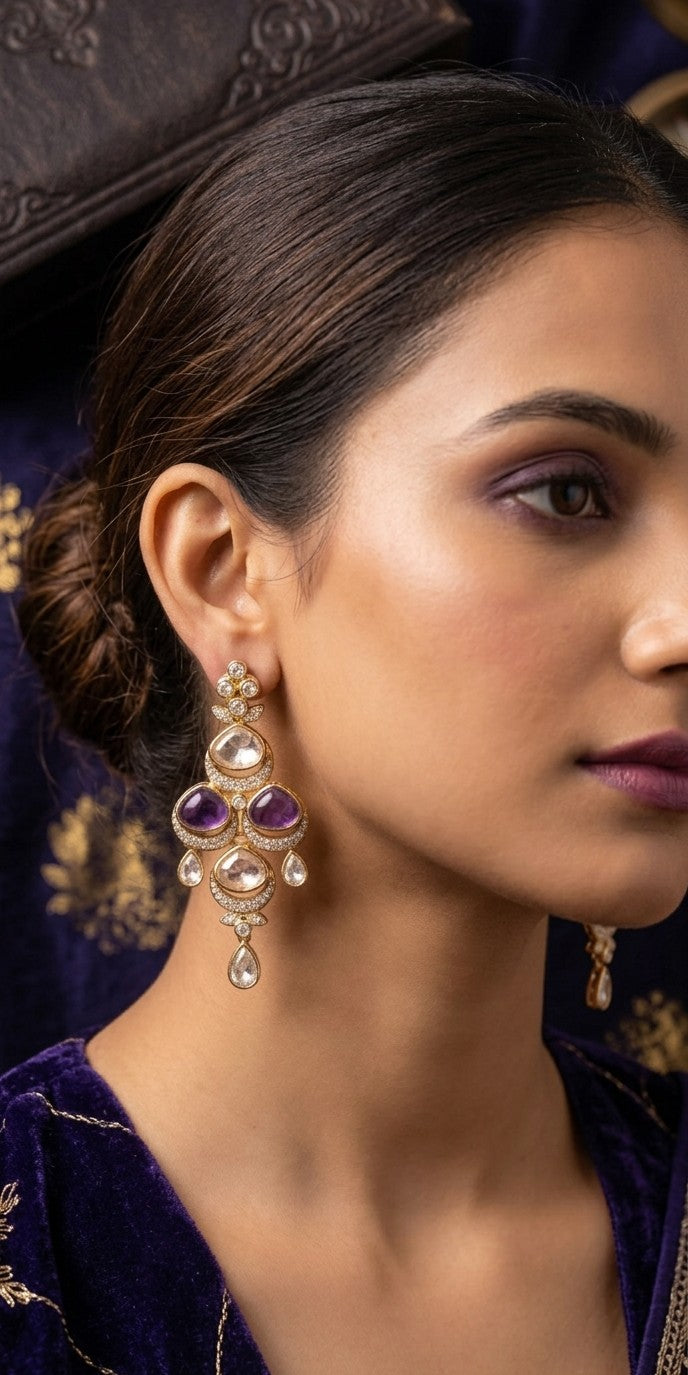 Jalparee "Royal Gem" Amethyst & Kundan Traditional Chandelier Statement Earrings
