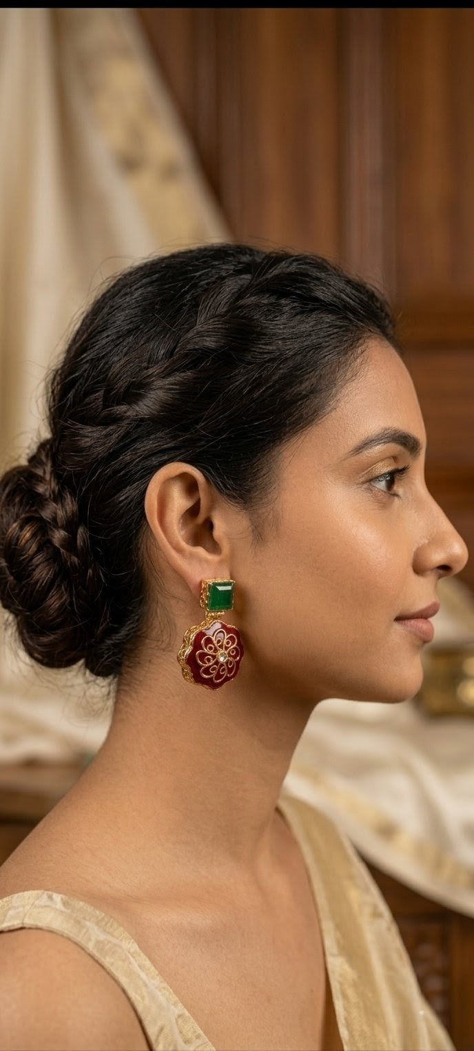 Jalparee Traditional Handcrafted Indian Gold-Plated Emerald and Ruby Enamel Filigree Dangle Earrings