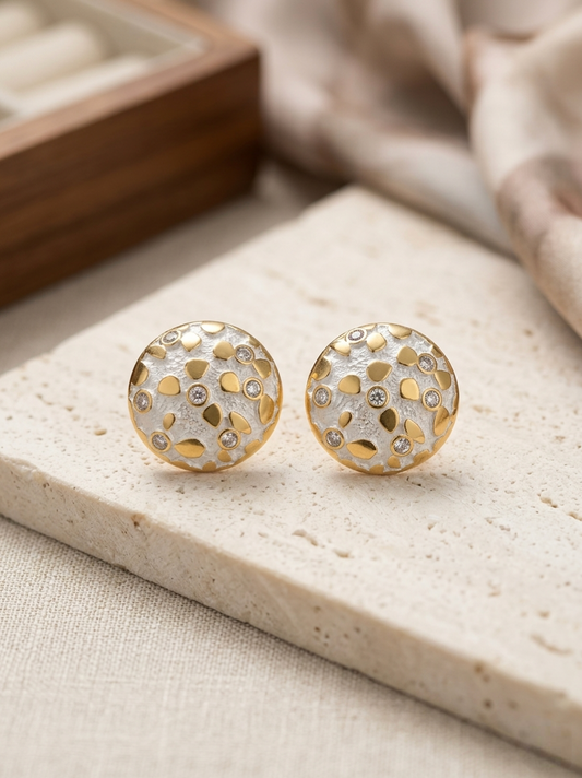 Jalparee Dual-Tone Textured Round Stud Earrings with Crystal Accents