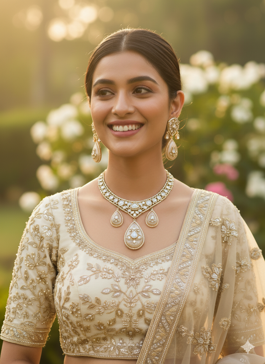 Luxurious Polki and Mother of Pearl Drop Set