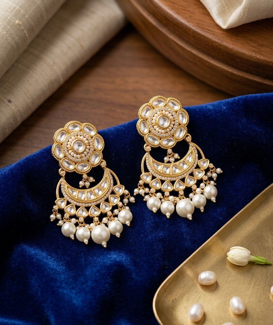 Jalparee Regal Gold-Plated Kundan and Pearl Chandbali Earrings