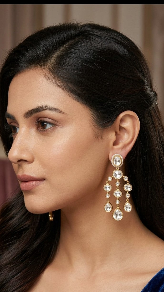 Jalparee Kundan Dangle Chandelier Earrings - Polki Style Drops with Pave Accent and Openwork