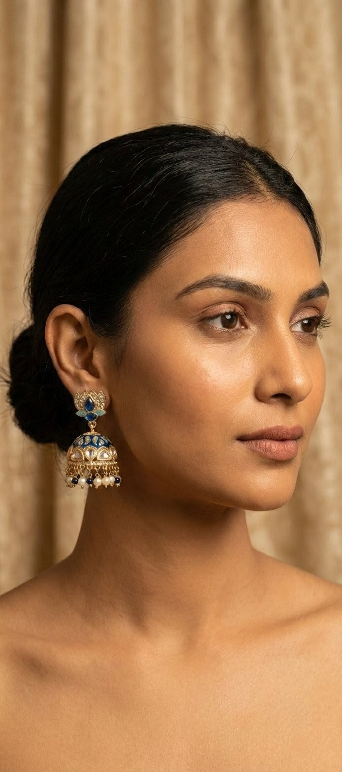 The Royal Blue Lotus & Kundan Jhumka Earrings by Jalparee
