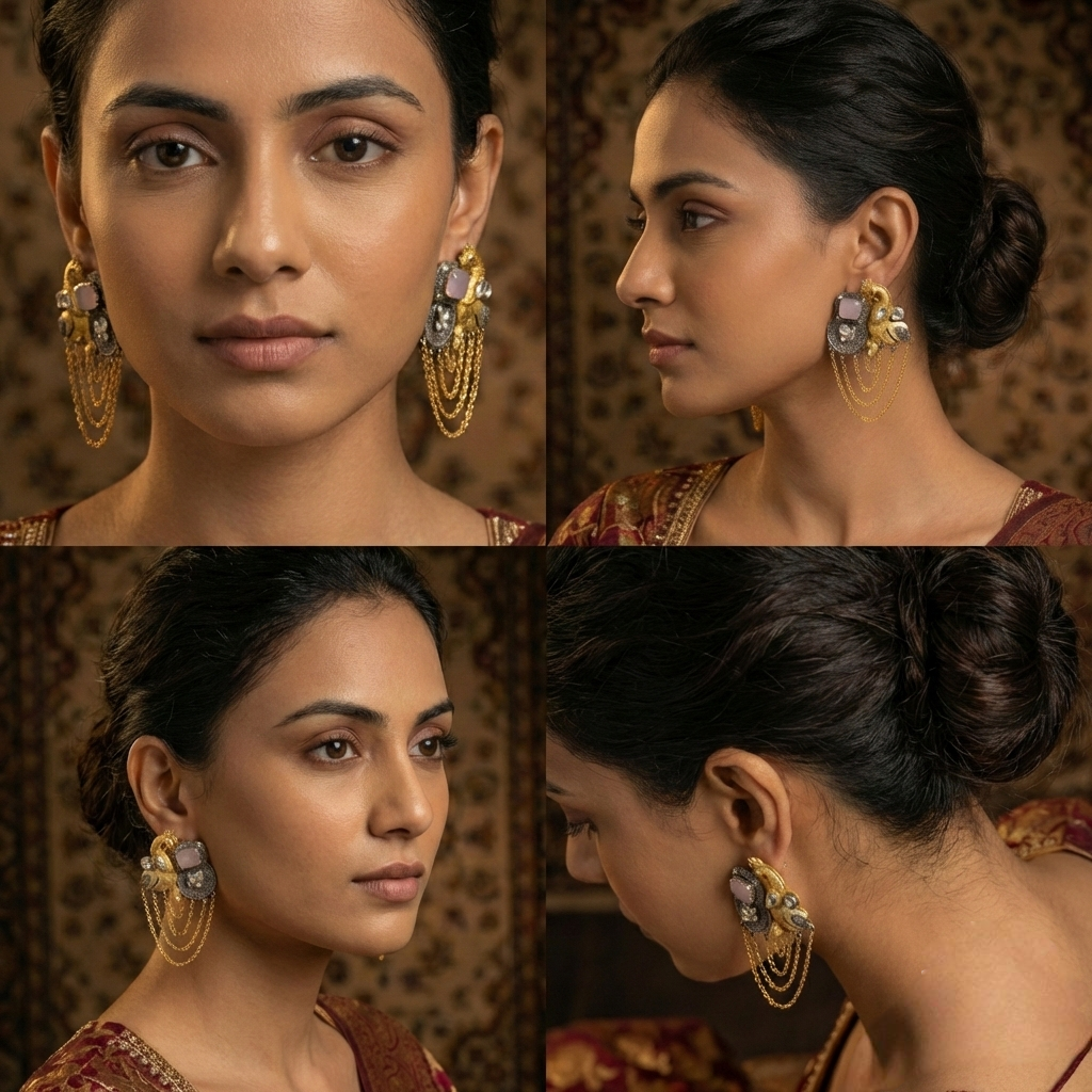 Jalparee 'Mayura' Antique Gold Peacock Earrings with Pink Stone & Layered Chains