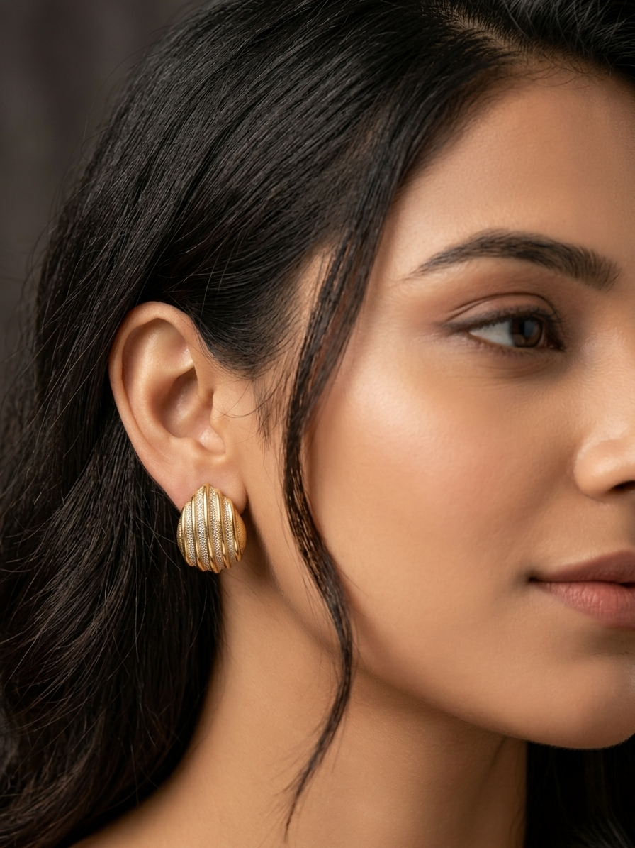 Architectural Ribbed Gold-Tone Stud Earrings – Modern Minimalist Statement
