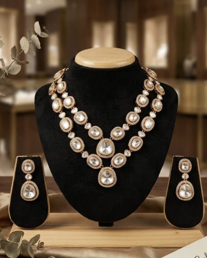 Polki-Style Double Layer Necklace Set with Matching Drop Earrings
