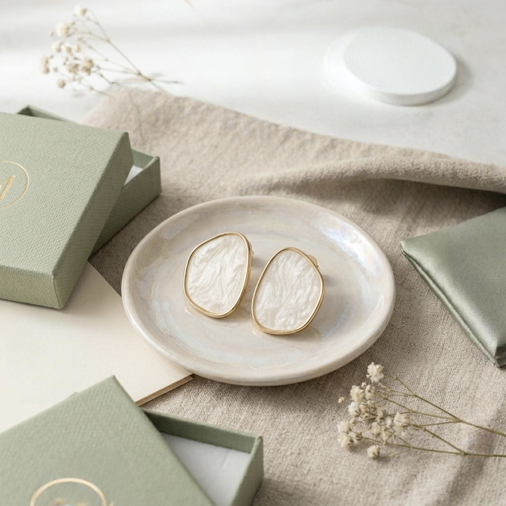 Jalparee Ivory Marble Abstract Geometric Stud Earrings – Contemporary Gold-Plated Western Statement Earrings