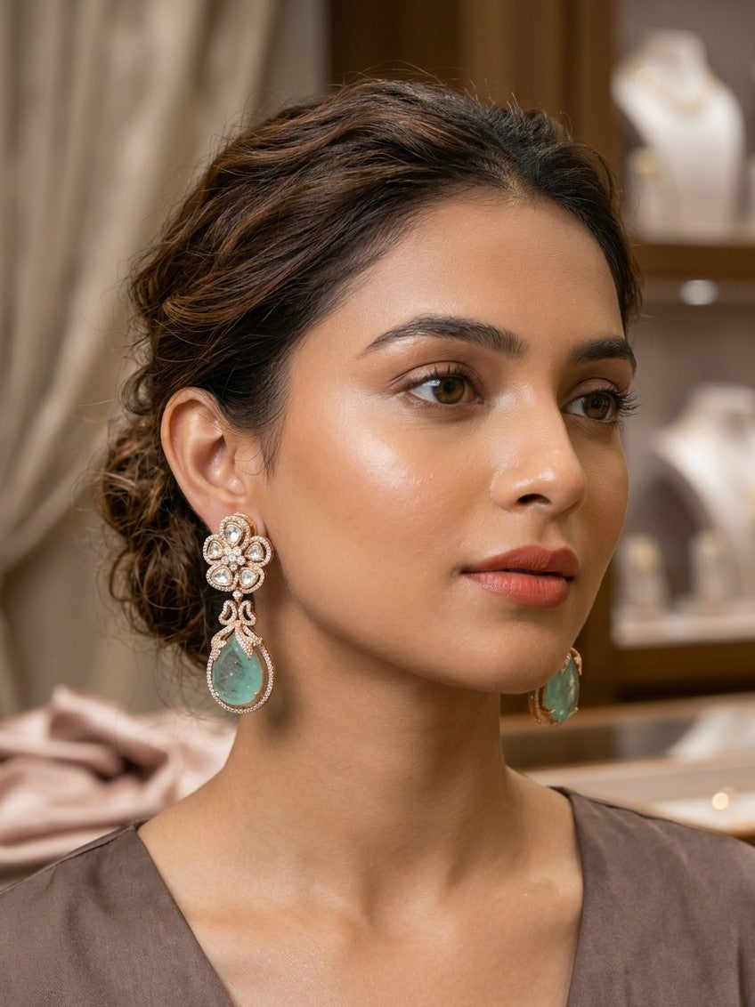"The Jalparee Kundan-Rose Gold Earring with Faux-Aura Aura Beryl Teardrops"