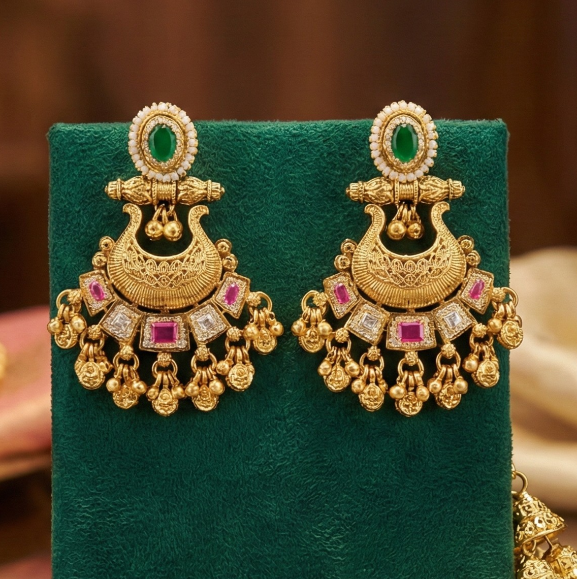 Jalparee Heritage Crescent Jhumka Earrings – Traditional Gold-Plated Chandbalis with Emerald and Ruby Accents