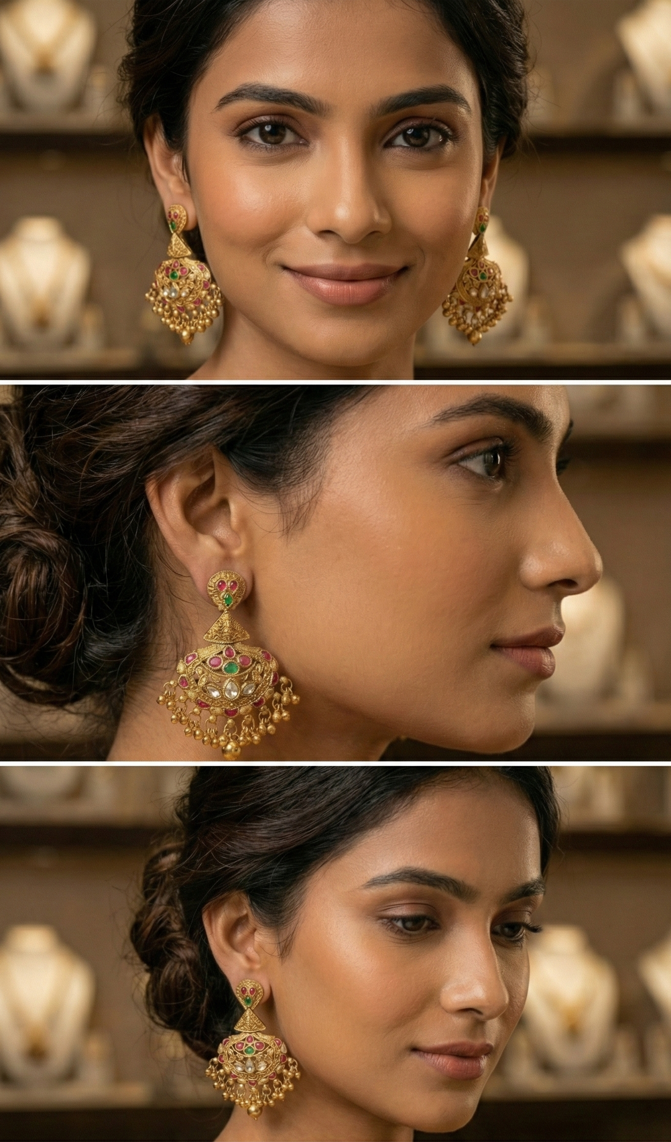 Jalparee Meera Antique Gold-Plated Jhumkas with Ruby & Emerald Accents