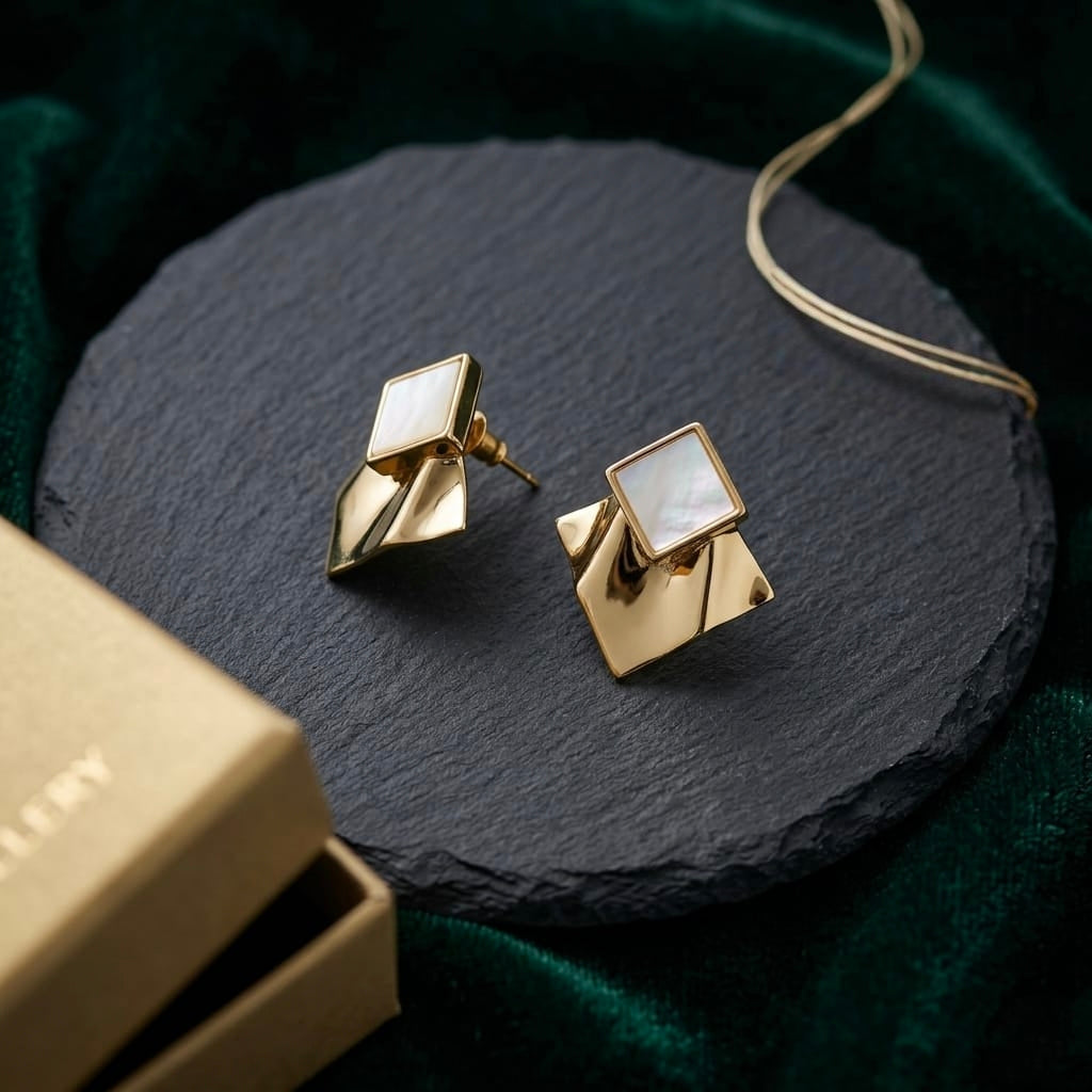Jalparee Geometric Mother of Pearl Stud Earrings – Gold Plated Abstract Wave Statement Earrings for Women