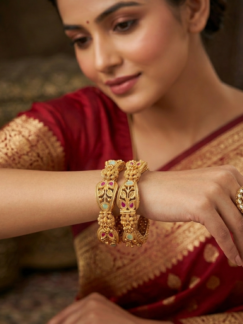 Jalparee Heritage Antique Gold-Plated Kada Bangles 2.4 size with Ruby & Mint Accents