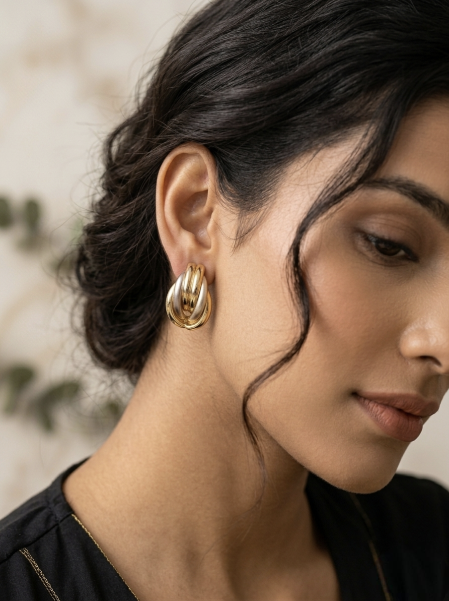 Jalparee Elegant Tri-Tone Interlocking Knot Stud Earrings – Classic Western Style