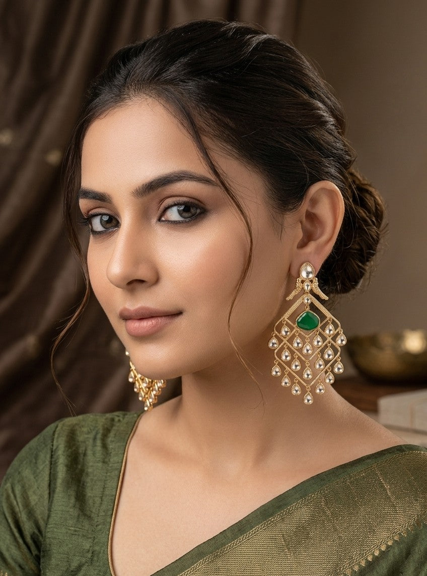Jalpärēē Traditional Kundan & Emerald-Drop Chandelier Earrings