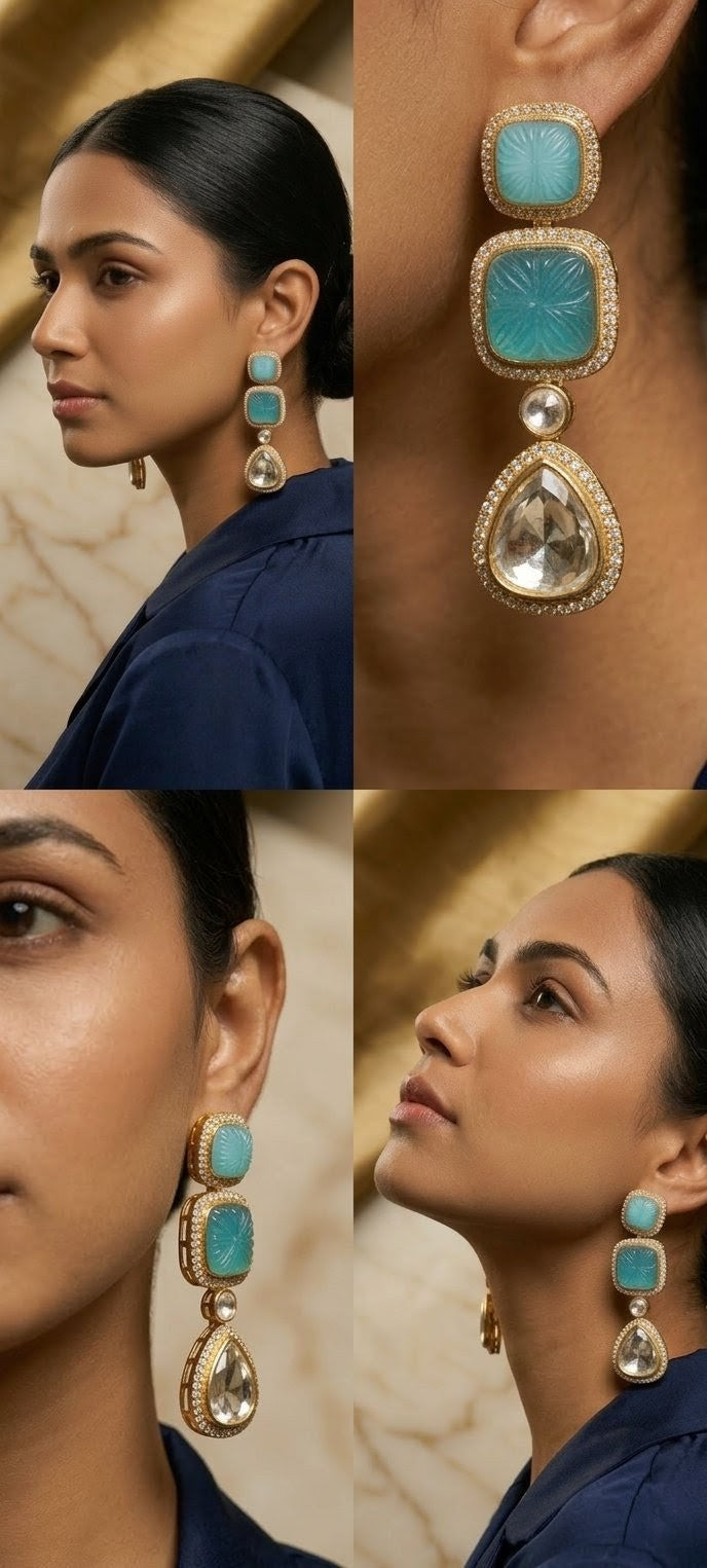 Jalparee Hand-Carved Turquoise & Kundan Teardrop Drop Earrings