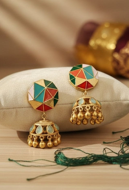 Enamel Hexagon Jhumka Earrings by Jalparee