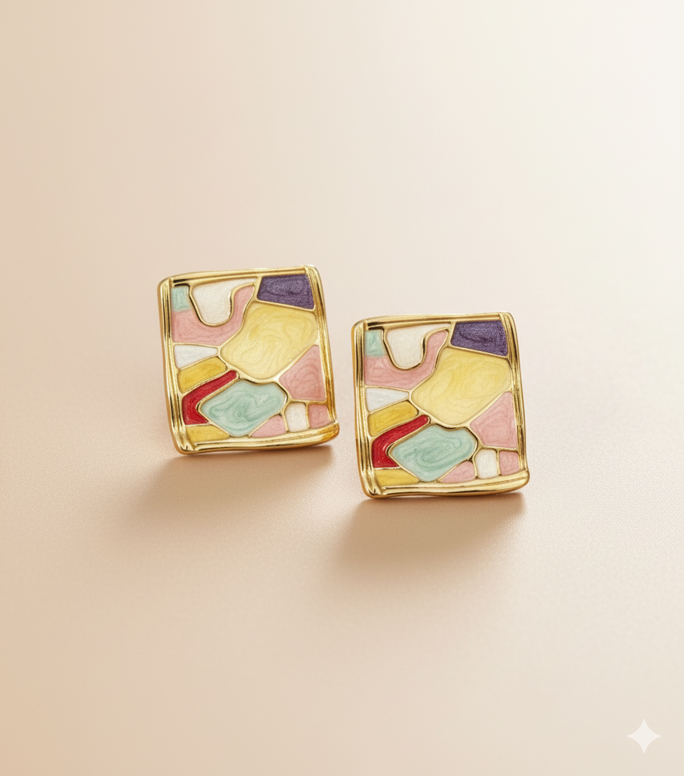 Vibrant Enamel Abstract Square Western Earrings
