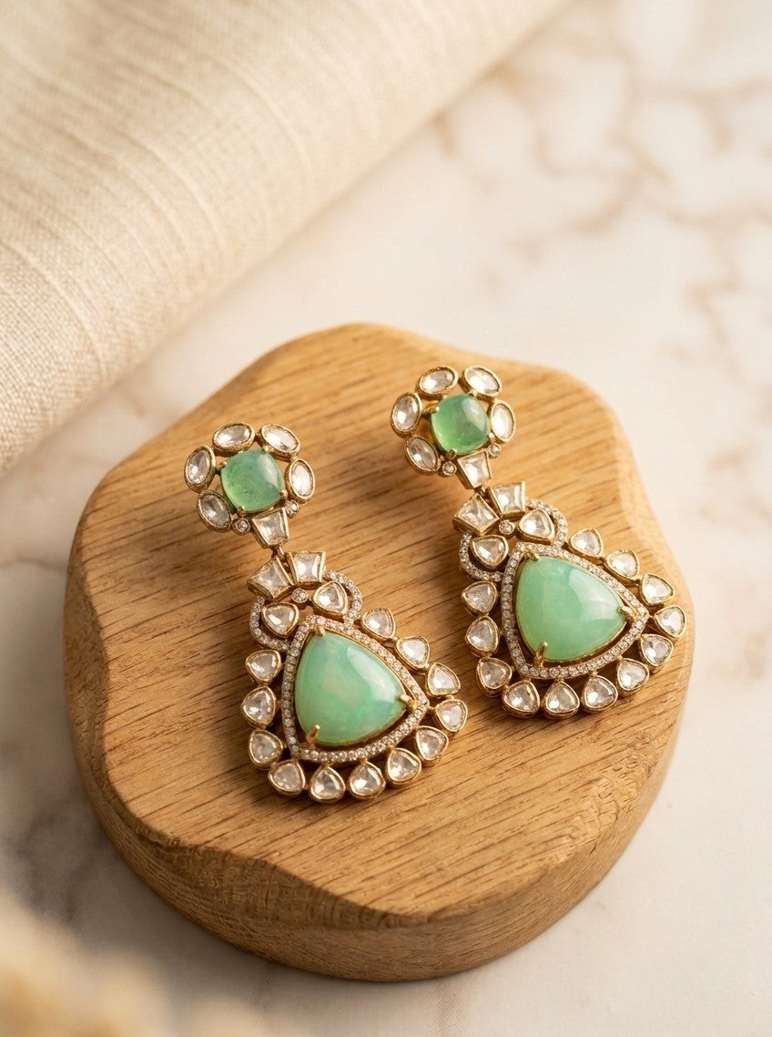 Jalparee Kundan Polki & Mint Green Stone Dangler Earrings