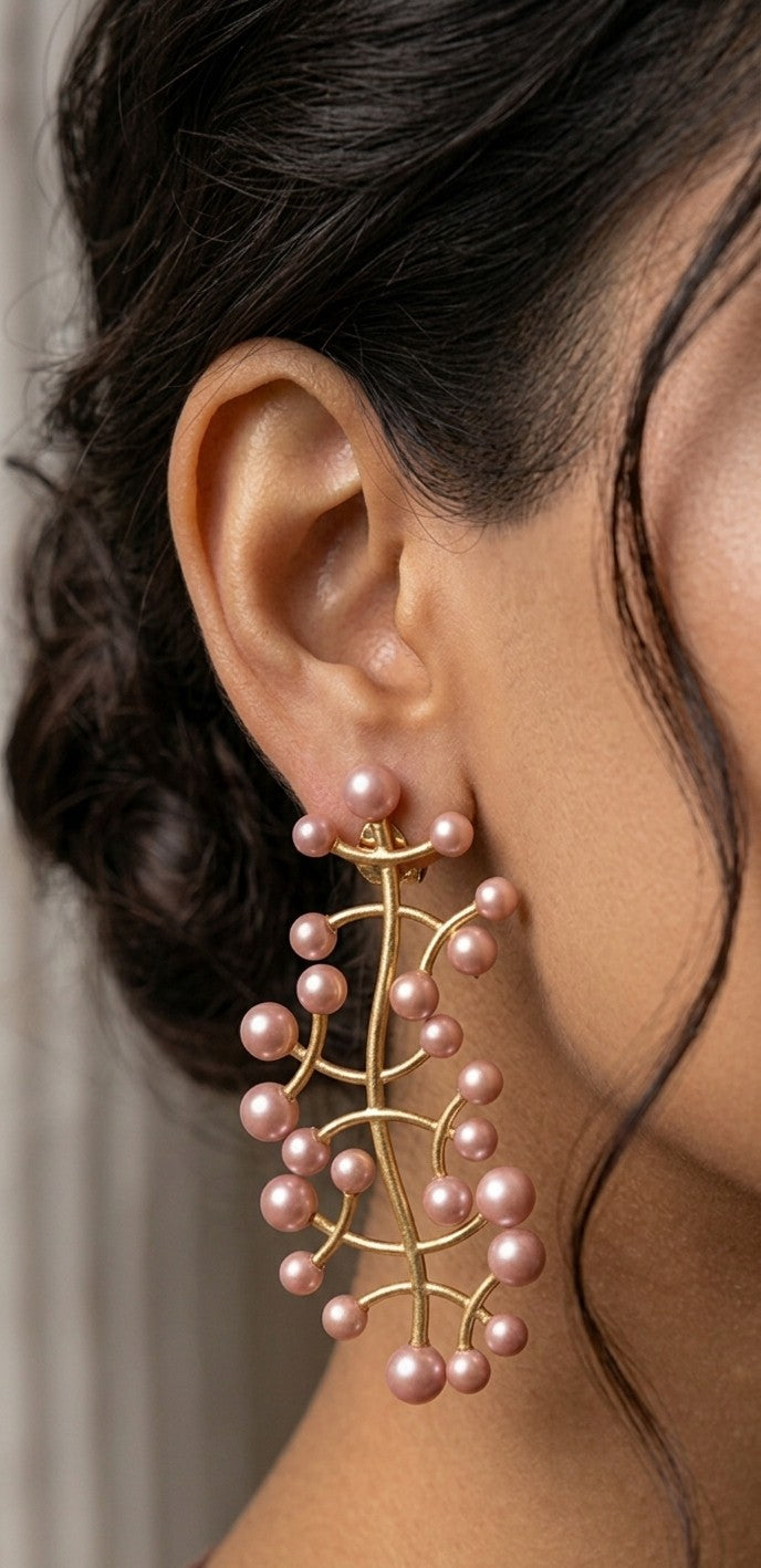 Jalparee Traditional 'Rose Berry' Pink Pearl Statement Vine Earrings